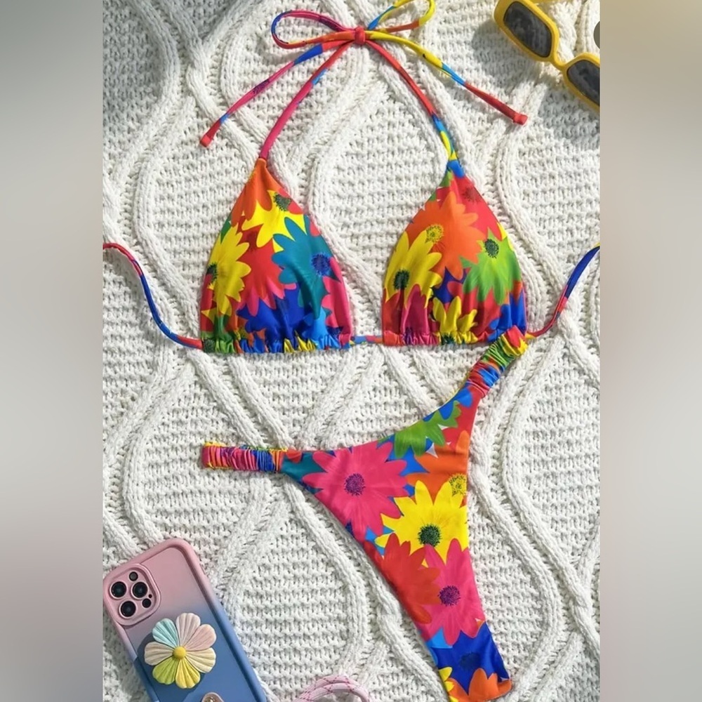 NWT, SHEIN, Flower Patterned Bikini, Medium, Blue, Yellow, Pink, Green,Purple